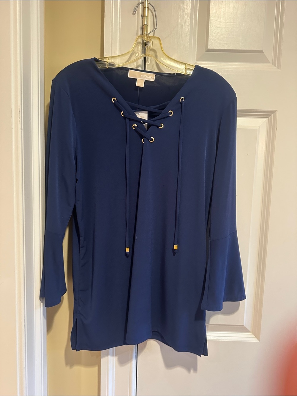MICHAEL Michael Kors NWT Prussian Blue Lace Up Bell Sleeve Top Size L